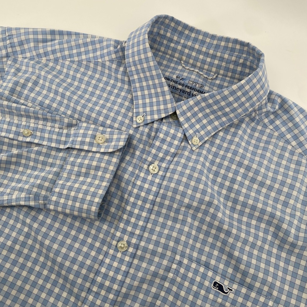 Vineyard Vines Button Down Mens L Blue Gingham On-The-Go Performance Shirt